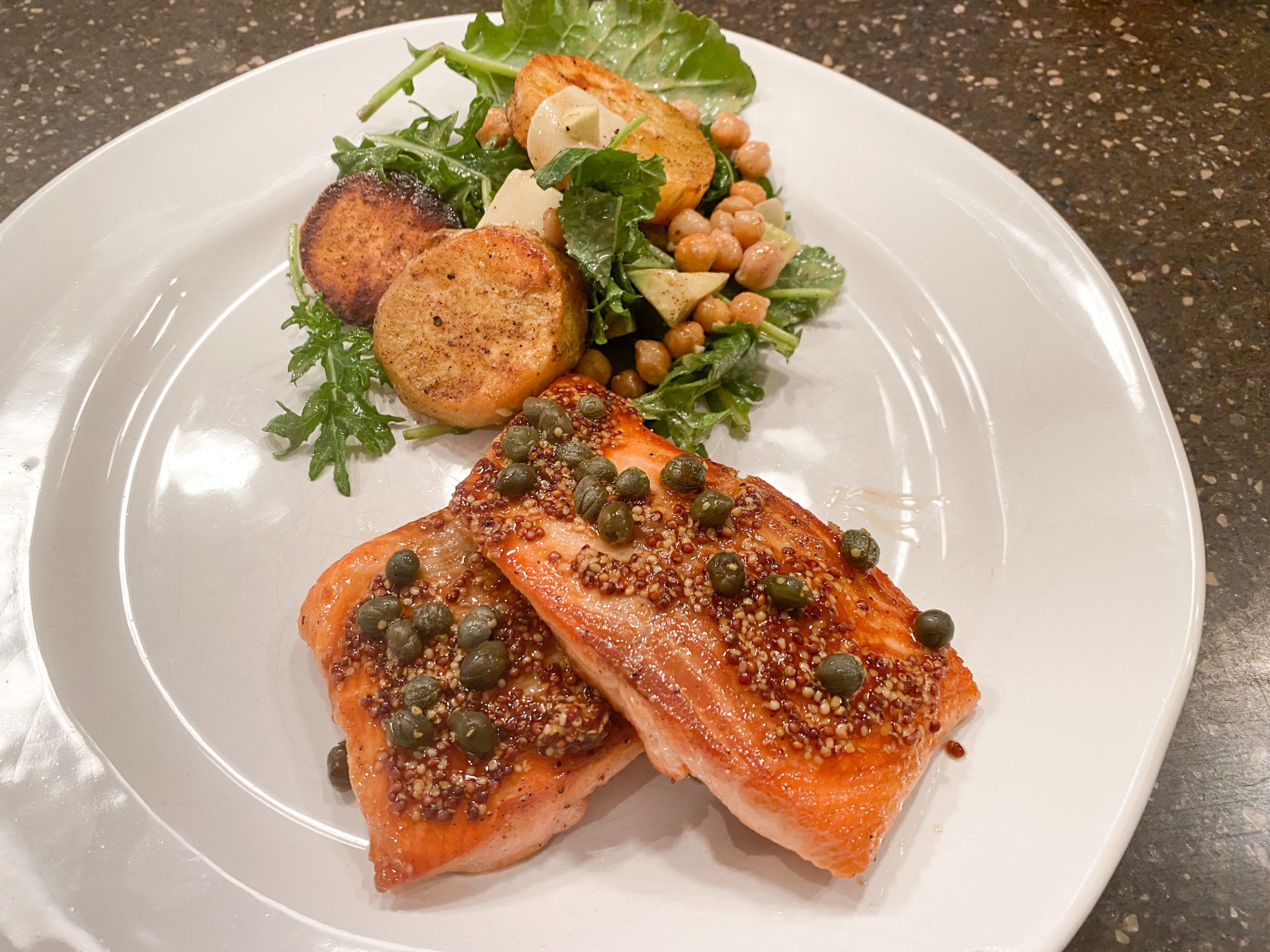 Salmon in Caper Vinaigrette with Warm Chickpea and Potato Salad